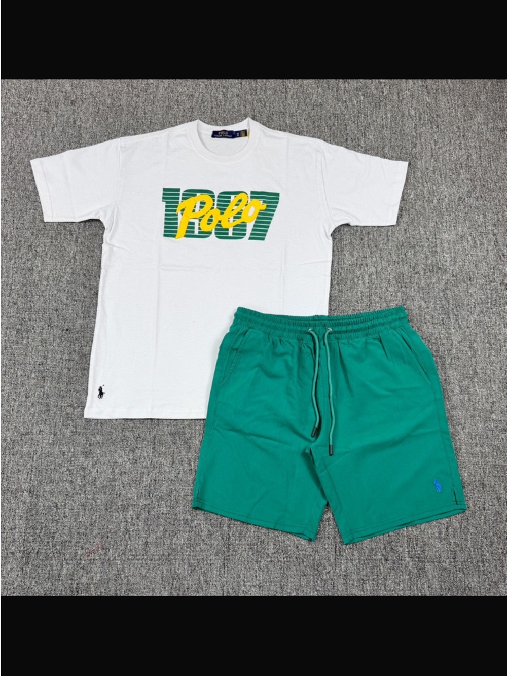 Polo by Ralph Lauren White Graphic Tee & Green Athletic Shorts